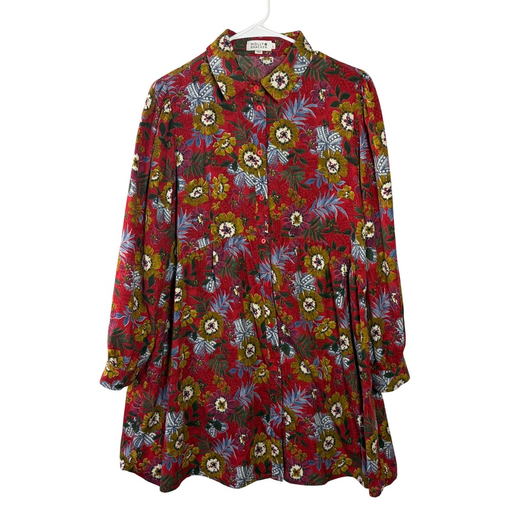 Molly Bracken Red Floral Button Front Mini Dress Long Sleeve Babydoll Large